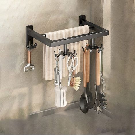 Drehbare Haken, wandmontierter Küchenutensilienständer ohne Bohren, wandmontierter Utensilienhalter für Spatel und Löffel, Schwarz