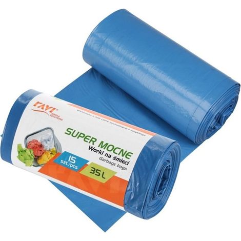 Sacchi per la spazzatura super resistenti in LDPE 35 L, 15 pezzi, blu, spessi e resistenti. (1/2)