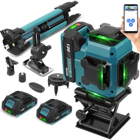 Niveau laser 21V,4D Vert 16 Lignes Laser Auto-Nivelant Croisée Outil,Portée 25m,IP54 ,Avec 2 batteries 21 V et 1m Trépied (1/5)