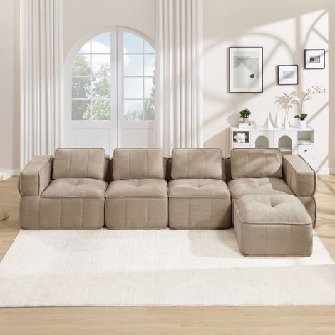 Canapé d'angle modulable 4 places avec pouf assise profonde mousse 32D tissu sable 344x162x67 cm sans montage (1/5)