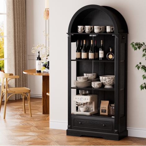 Vetrina alta ad arco 180 cm, con ante in vetro, LED e cassetti, nera OKMYHOME (1/5)