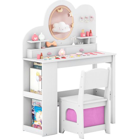 Coiffeuse enfant blanche avec miroir incassable éclairé à 3 modes, chaise, 2 tiroirs et étagère pour chambre et jeu