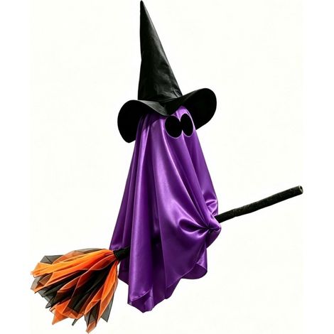 Lighted Flying Ghost Broom Pendant, Halloween Outdoor Window and Courtyard Atmosphere Decoration, Silk Fabric - Purple - No Light