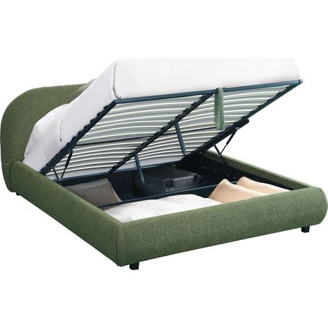 Lit coffre 140x190 cm avec tête de lit matelassée en tissu bouclé vert kaki - Madisson
