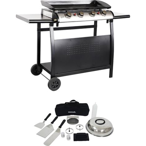 Plancha au gaz 4 brûleurs sur chariot - Porthos - 10kW. plancha à gaz avec desserte et ustensiles