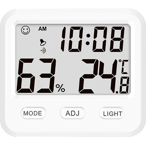Jauge de température et d'humidité avec horloges de bureau pour chambre et bureau. Rétroéclairage, moniteur précis, lecture claire. Design blanc.