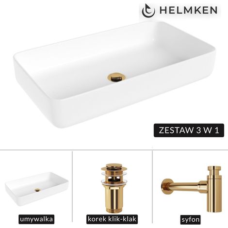 Lavabo de encimera Helmken 48760000 (60x34) blanco + sifón dorado + tapón de clic dorado (1/5)