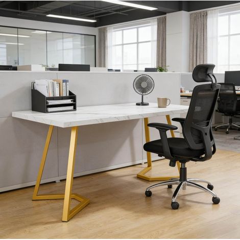 Büroschreibtisch 140 x 80 x 75 cm aus Metall und Holz, Marmoroptik, Weiß und Gold HAVRYA (1/5)