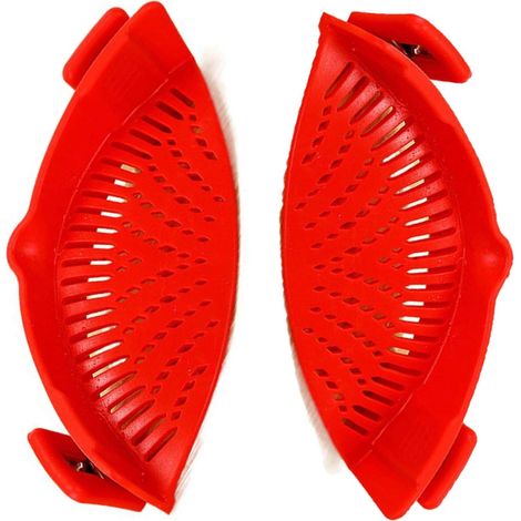 Colino in silicone con clip, filtro per pasta, imbuto per pentole, utensili da cucina, scolapasta per spaghetti, per pasta, verdure, noodles, pentole, 2 pezzi (rosso) (1/4)
