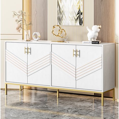 Buffet 160x40x80.5 cm blanc et décor bois en MDF avec 4 portes et étagères réglables (1/5)
