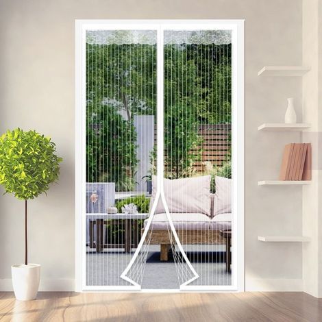 Porta zanzariera magnetica 130 x 220 cm con magneti integrati, rete in microfibra resistente, motivo a righe bianco (1/5)