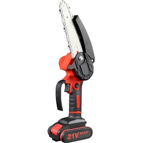 Mini battery-powered chainsaw, 4 and 6 inch cordless electric chainsaw with 2 x 21V batteries, one-handed chainsaw for wood cutting, pruning, yard and garden use, red (1/5)