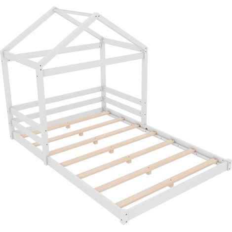 Cama casita infantil 140 x 200 cm con somier de lamas, madera de pino y MDF, blanca, HOMVRA (1/5)
