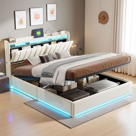 Bett mit Stauraum - Bett 140x190 cm - Hydraulischer Stauraum - Integrierte, steuerbare LED - Beige Samt