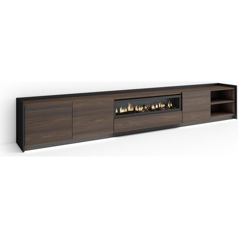 Skraut Home - Mueble TV, Televisión, Muebles de salón, almacenaje, 310x37x50cm, Para TV hasta 80", Chimenea eléctrica, LED, Estilo Moderno, Roble oscuro y Negro (1/5)