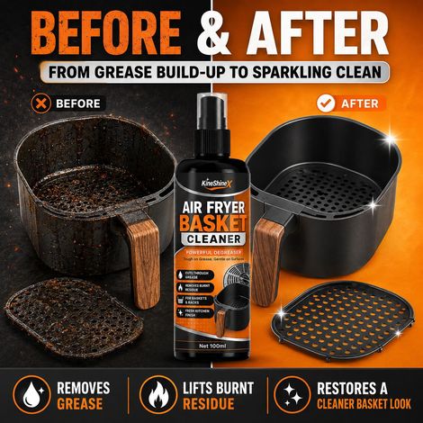 KineShineX Air Fryer Basket Cleaner entfernt kraftvoll Fett und eingebrannte Flecken und reinigt Frittierkörbe und -roste. (1/4)