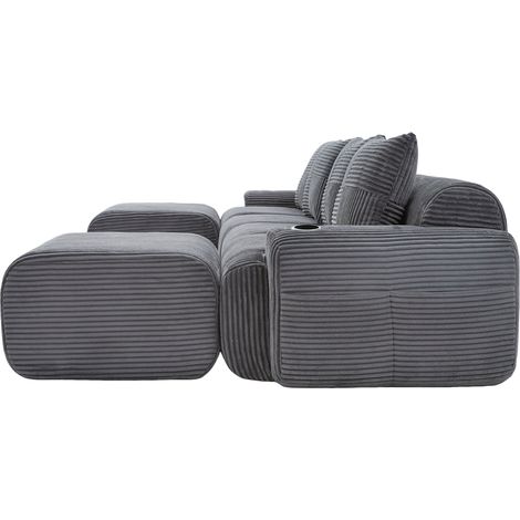Divano modulare 4 posti in corduroy grigio scuro con 2 pouf, portabicchiere e tasca laterale (1/5)