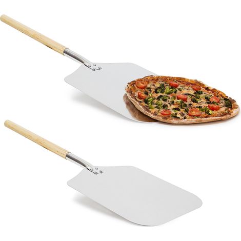 2x Pala per Pizza Quadrata, Arrotondata, HxLxP: 3x30,5x79 cm, Manico in Legno, Paletta per Pane, Forno, Grigio