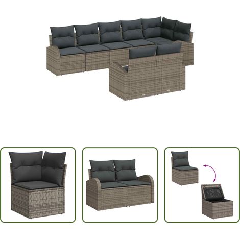 vidaXL Poly-Rattan - Gartensofa-set mit Kissen mit Speicher 8 pcs Grau Poly-Rattan (1/5)