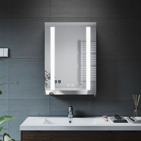 ELEGANT Bathrrom Wall Cabinet Illuminated LED Mirror Shaver Socket Demister Pad Sensor 500x700mm Black Cabinet Cupboard with Adjustable Glass Shelves (1/5)