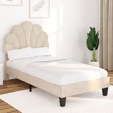 Cama individual AMANDA 90 x 190 cm con somier de terciopelo beige (1/5)
