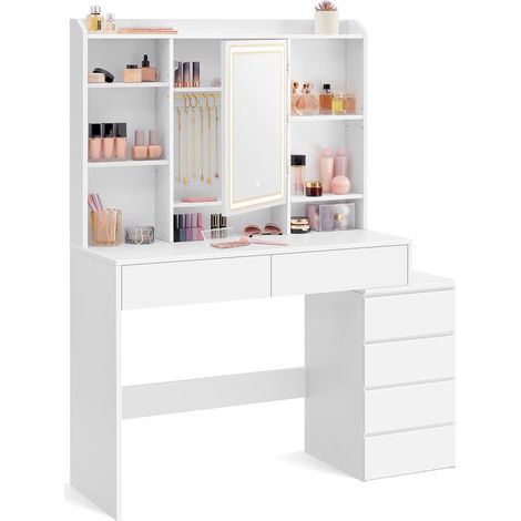 Coiffeuse avec Miroir LED, Luminosité Réglable, Table de Maquillage, 40 x 118,3 x 145 cm, Compartiments Ouverts, Étagères Réglables, Moderne, Blanc Nuage (1/5)