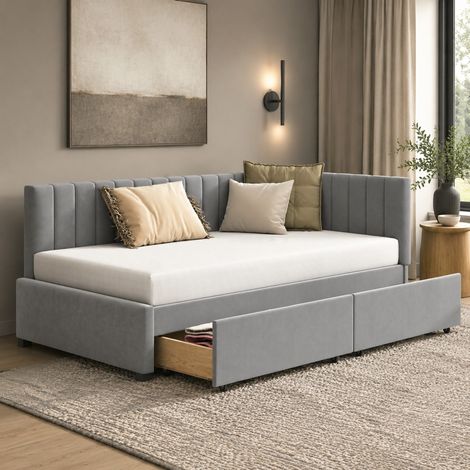 DESMIU Lit Banquette 90 × 200 cm 1 place avec 2 tiroirs de rangement, sans matelas, en tissu, gris (1/5)