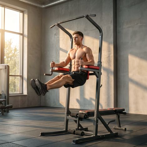 Tour de Musculation Pliable, Station Fitness Multifonction Réglable sur 7 Niveaux avec Barre de Traction, Poste à Dips, Station Pompes et Banc Plat en Acier, pour Salle de Sport Maison, Charge Max 150 (1/5)