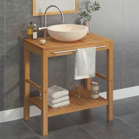Armoire de salle de bain - Meuble de rangement en teck solide avec lavabo en marbre Crème BV427468 - BonneVie (1/5)