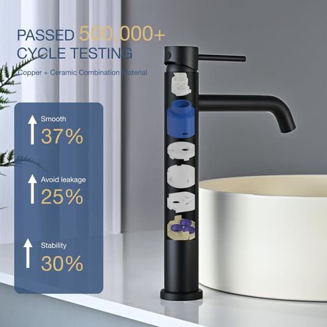 Robinet lavabo noir mat haut 204 mm – Inox, réglable chaud/froid – Aérateur amovible pour salle de bain (1/5)