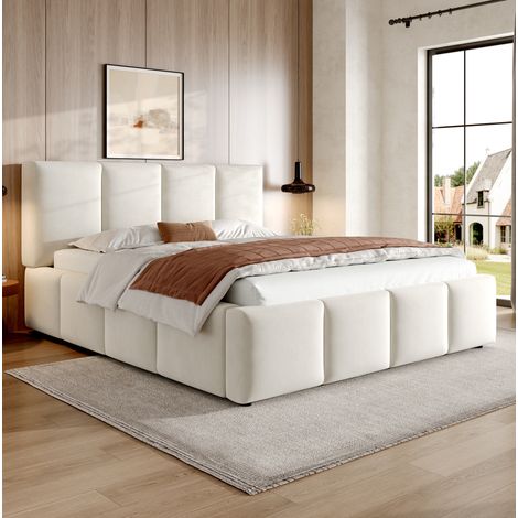 Bett minimalistisch aus beigem Chenille 180x200 cm mit gepolstertem Kopfteil und Lattenrost (1/5)