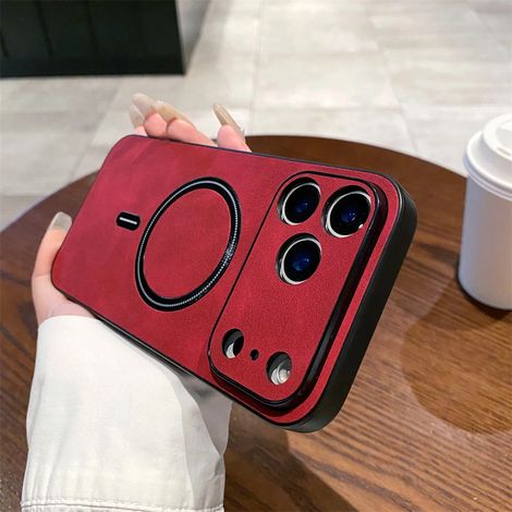 (iPhone 16 Pro rouge) Étui de téléphone en similicuir de style professionnel, compatible avec la recharge sans fil magnétique MagSafe.