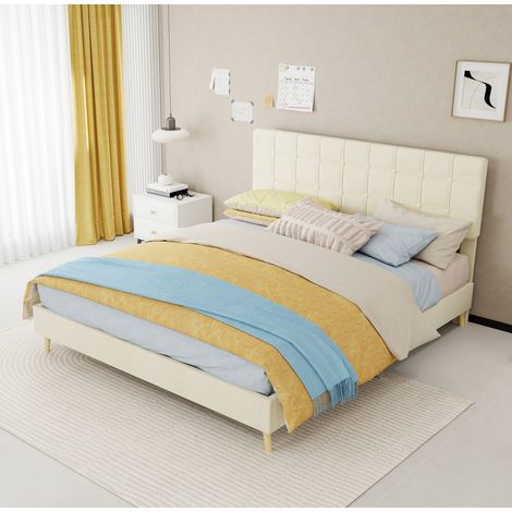 Lit double moderne en velours beige 160x200 cm avec tête de lit capitonnée à carreaux et structure stable (1/5)