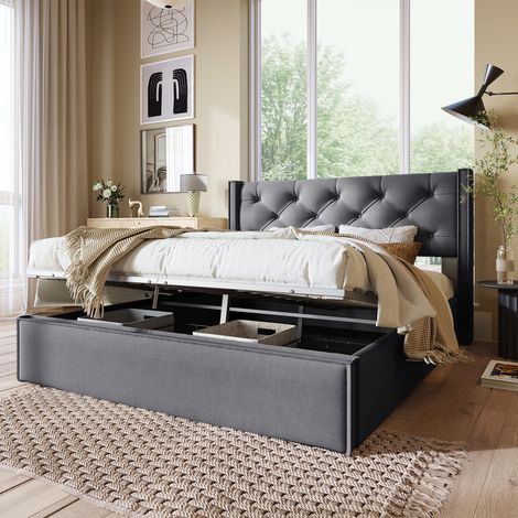 Lit coffre double Lit rembourré 140x200cm,Lit avec sommier à lattes métalliques, Cadre de lit moderne avec espace de rangement, Coton, Gris (1/5)