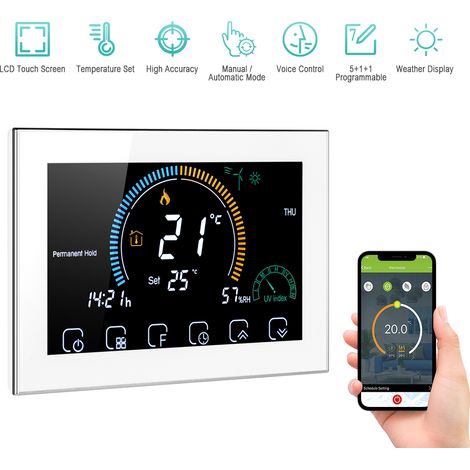 Termostato inteligente WiFi de 95-240 V, programación 5+1+1, control por voz mediante aplicación, indicador de humedad UV, compatible con Echo, Google Home y Tmall. (1/5)