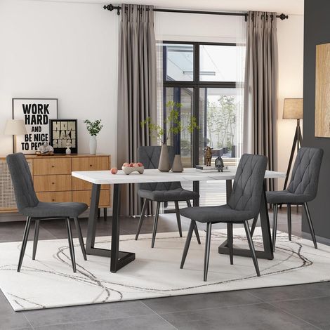 Essgruppe Esstisch mit 4 Stühlen, rechteckig, weiß Marmoroptik, hellgrau Samt (1/5)