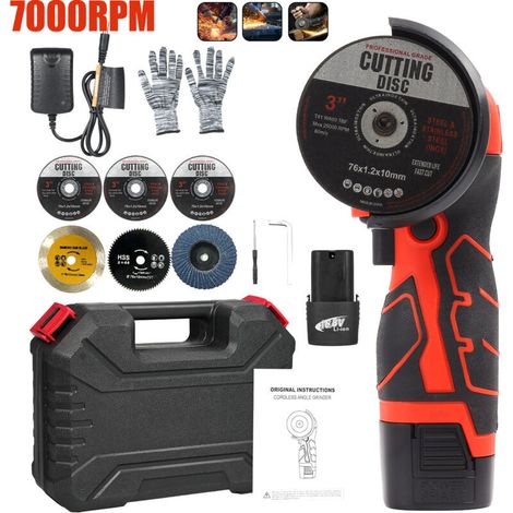 Mini Cordless Grinder, 16.8V Mini Cordless Disc Grinder, Cordless Angle Grinder with Charger and 2 x 2000 mAh Batteries, 7000 RPM, 6 Cutting Discs for Grinding, Polishing and Cutting, Red (1/5)