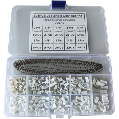 Kit de 695 conectores JST ZH con conectores macho y hembra JST-ZH de 1,5 mm de 2/3/4/5/6 pines con terminales de crimpado de 1,5 mm para proyectos y reparaciones electrónicas. (1/5)