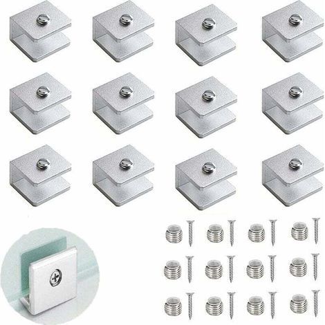 Ensemble de 12 clips pour verre, support de cloison en verre réglable, support d'étagère en verre de 6 à 8 mm, support d'étagère en alliage d'aluminium, convient aux salles de bains et aux balcons (vi (1/4)