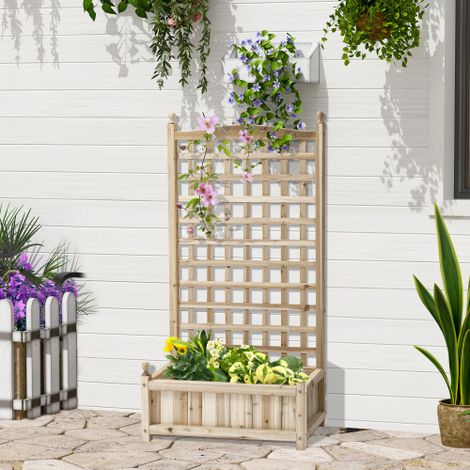 Jardinière surélevée 2-en-1 avec treillis en bois naturel 64x28x120 cm, pour plantes grimpantes balcon/terrasse