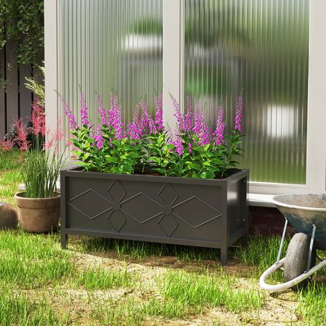 Jardinière rectangulaire surélevée en acier galvanisé 80x40x38 cm noir avec bord de protection pour balcon et jardin (1/5)