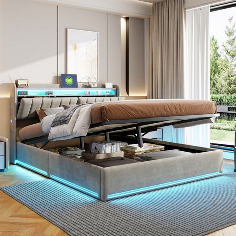 Lit 140x190 coffre-lit double adulte en hydraulique avec LED et USB-Cadre de Lits Capitonnée 2 Personnes-tête de lit rangement en velours-Gris, sans matelas-MDF-avec barre de maintien pour matelas (1/5)