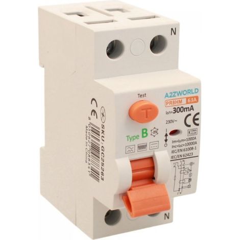 RCCB Interruttore Differenziale Puro Tipo B 1P+N 2M 10000A 300mA 63A AC 230V IP20 IEC61008-1 / IEC62423 PR8HM