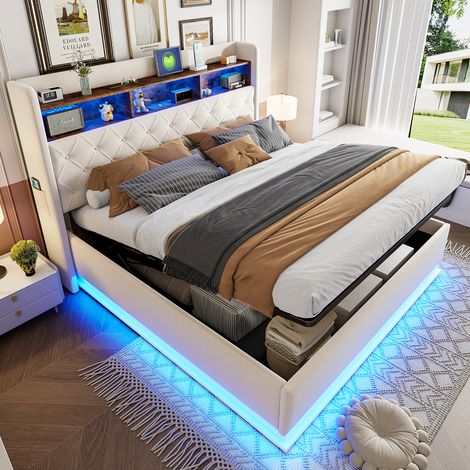 Lit coffre 180x200cm - lit double LED avec sommier à lattes et tête de lit rangement avec port charge - lin beige (1/5)