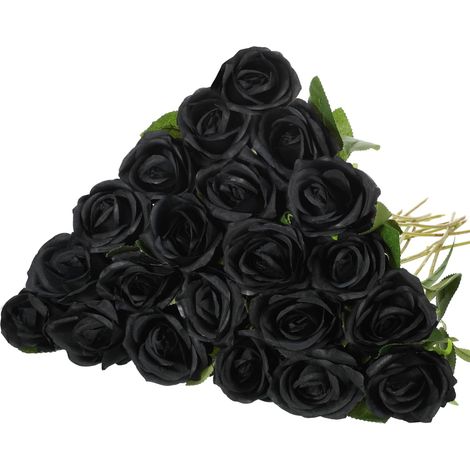 20 roses artificielles à longues tiges – bouquet réaliste en soie et plastique (lot en vrac) pour la décoration intérieure, les mariages, les fêtes et la décoration de table (noir) (1/5)