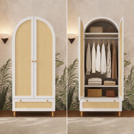 Armoire penderie 2 portes 80 x 50 x 180 cm, dressing avec tringle, tiroir et étagères, portes cintrées effet rotin, style bohème, bois, coloris blanc (1/5)
