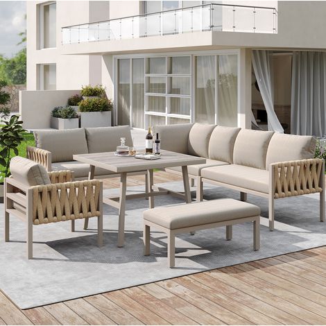 Conjunto de jardín de metal y poliéster beige con sofá esquinero, sillón, banco, mesa con vidrio templado y patas ajustables (1/5)