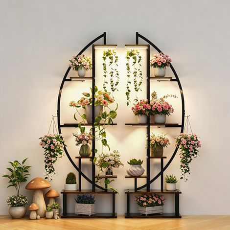 2 Pack Plant Stand Tall Flower Pot Holder 7 Tiered Corner Half Moon Display Rack, with Lights (1/5)