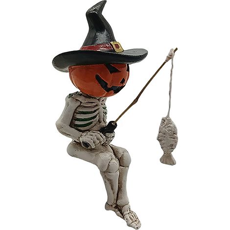 [Sculpture Résine Gothique] [Décoration] [Skull Fishing] Sculpture résine 3D Gothique pour jardin avec canne à pêche détachable et support adhésif, sculpture de poisson et pomme Halloween décor extéri