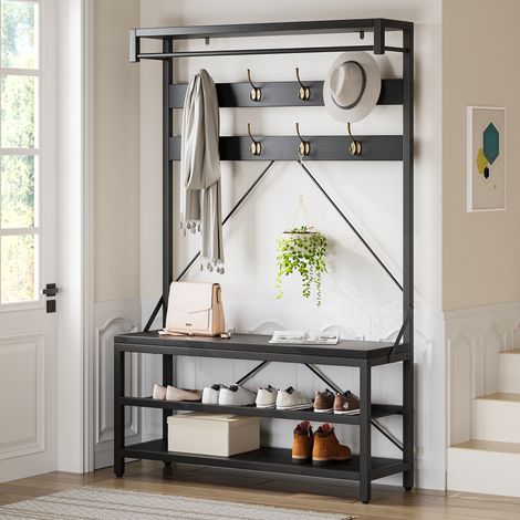 Hallway Bench - with Shoe Rack - Black, 100cm, Metal & Particleboard - for Entryway, Mudroom, Hallway (1/5)